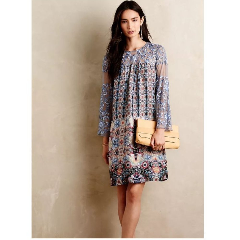 Anthropologie Halli Tunic Dress in Blue Motif by Kas New York -Size X-Small
